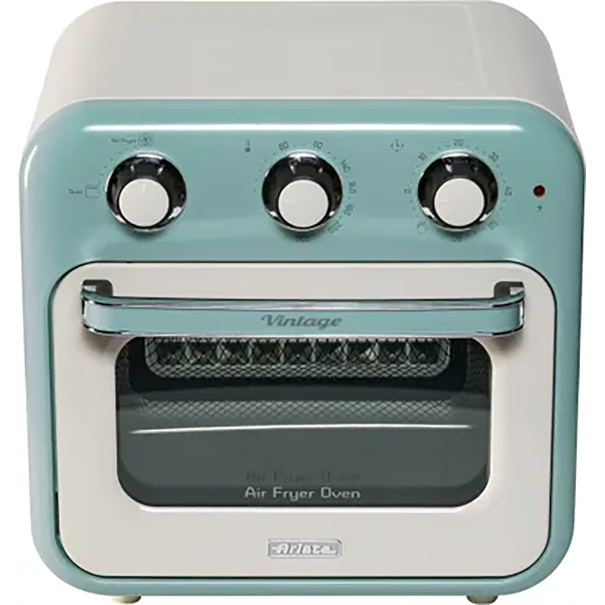 Die Ariete Air Fryer & Oven 2in1 Vintage von Ariete besticht durch ihr retro-grünes und weißes Design, drei Bedienknöpfe auf der Oberseite, eine Glastür und den Schriftzug Vintage" über dem Griff für klassischen Charme.