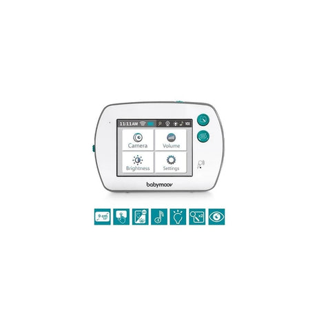 Das Babymoov YOO-Feel Video-Babyphone in Weiß verfügt über ein farbiges Touchscreen-Display für Kamera, Lautstärke, Helligkeit und Einstellungen; auf der rechten Seite befinden sich blaue Steuertasten, unter dem Monitor werden sechs blaue Funktionssymbole angezeigt.