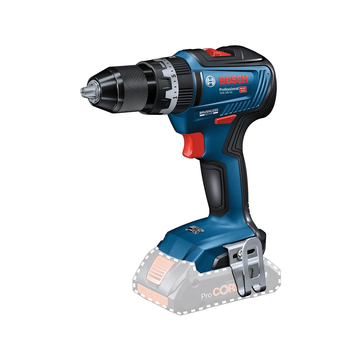 Bosch Professional 18 V Akku-Schlagbohrschrauber GSB 18V-55 Solo mit schwarzem Griff, blauem Gehäuse und ohne angebrachten Akku.