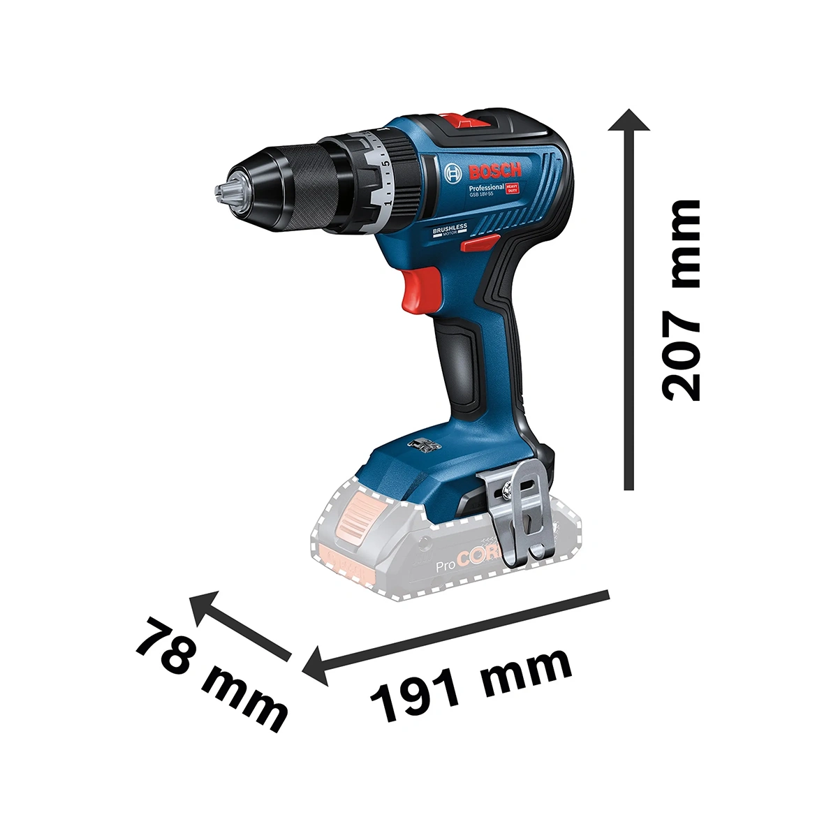 Der Bosch Professional 18 V Akku-Schlagbohrschrauber GSB 18V-55 Solo von Bosch ist mit Pfeilen abgebildet, die seine Abmessungen verdeutlichen: 207 mm in der Höhe, 191 mm in der Länge und 78 mm in der Breite.