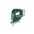 Eine grün-schwarze Bosch EasySaw 18V-70 Akku-Stichsäge von Bosch, die ohne Akku - gekennzeichnet durch einen gepunkteten Umriss am Befestigungspunkt - vor einem schlichten weißen Hintergrund abgebildet ist.