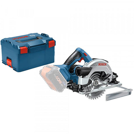 Die Bosch GKS 18V-57 G Professional Akku-Kreissäge ohne Akku von Bosch wird mit einem Klingenschutz neben einem blauen Bosch-Koffer mit roten Verschlüssen auf weißem Hintergrund gezeigt. Geeignet für Präzision und kompatibel mit Führungsschienensystem.