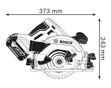 Schwarz-Weiß-Darstellung der Bosch GKS 18V-57 G Professional Akku-Kreissäge ohne Akku von Bosch mit den Abmessungen: 373 mm breit, 243 mm hoch. Verfügt über eine sichtbare Klinge, Griff, 18V-Akku-Steckplatz auf der Rückseite, und Führungsschienensystem-Kompatibilität.