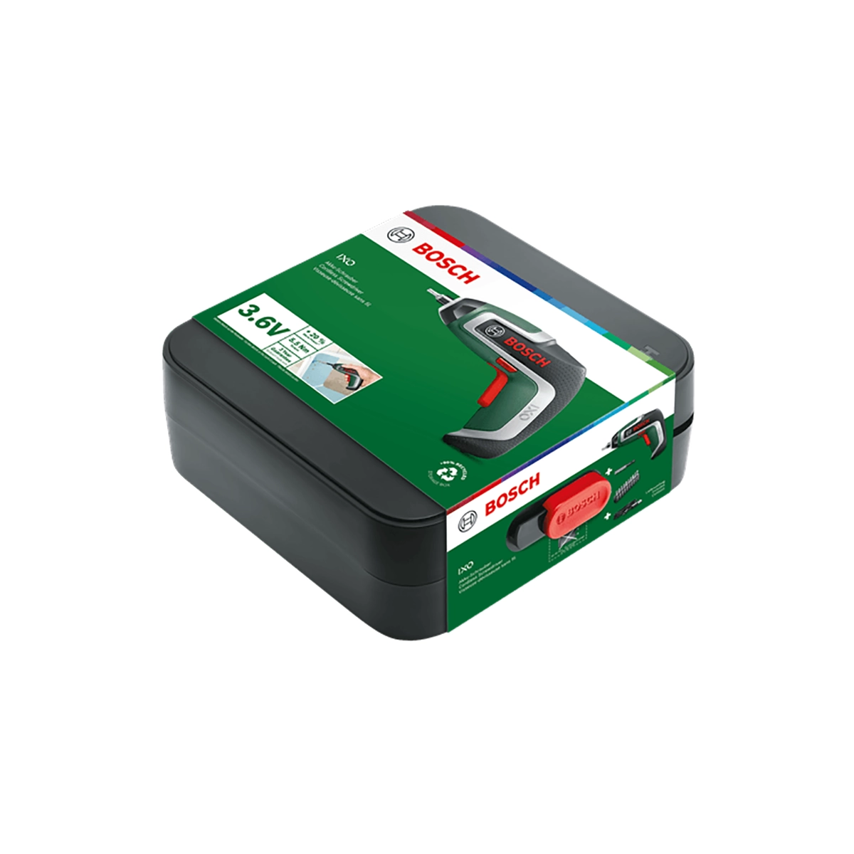 Ein Bosch Akku-Schrauber IXO 7, 3,6 V 2 Ah Kit in einer schwarz-grünen Box mit Produktbranding, Spezifikationen und Abbildung des kabellosen Werkzeugs auf der Verpackung.