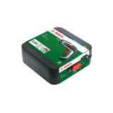 Ein Bosch Akku-Schrauber IXO 7, 3,6 V 2 Ah Kit in einer schwarz-grünen Box mit Produktbranding, Spezifikationen und Abbildung des kabellosen Werkzeugs auf der Verpackung.