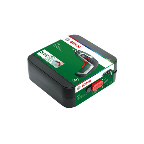 Ein Bosch Akku-Schrauber IXO 7, 3,6 V 2 Ah Kit in einer schwarz-grünen Box mit Produktbranding, Spezifikationen und Abbildung des kabellosen Werkzeugs auf der Verpackung.