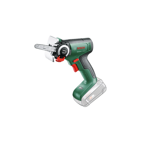 Die Bosch UniversalCut 18V-65 Akku-Säge mit NanoBlade-Technologie ist eine kompakte grüne Mini-Kettensäge mit schwarzem Griff, rotem Abzug und kleiner silberner Führungsschiene, hier ohne Akku.