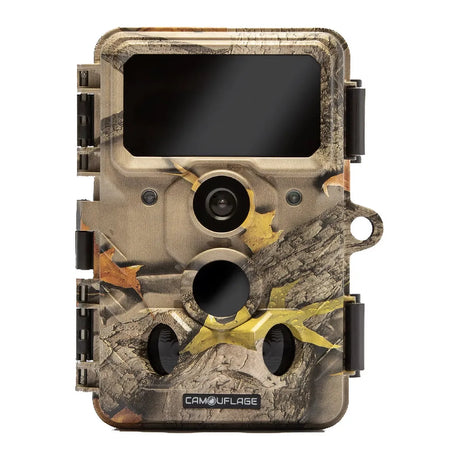 Die Camouflage EZ60 WiFi/Bluetooth Wildkamera von Camouflage verfügt über ein Objektiv, Sensoren und einen schwarzen Bildschirm auf der Vorderseite - ideal für Nachtsicht und hochwertige 4K-Videoaufnahmen.