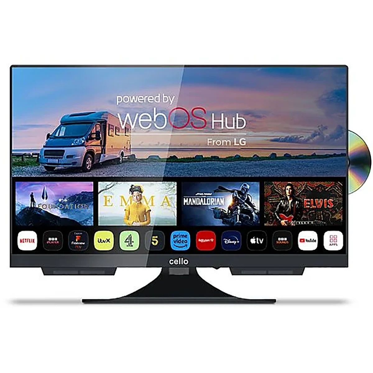Der Cello 22″ Smart 12V mit DVD LED TV (22 Zoll, Full-HD) zeigt den webOS Hub mit Netflix, YouTube und Prime Video Apps. Ein eingebauter DVD-Player ist sichtbar, wenn eine Disc teilweise in diesen vielseitigen Reisefernseher eingelegt wird.