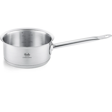 Fissler Original-Profi Collection Retro Topf-Set 5-teilig aus Edelstahl mit langem Griff und Innenbeschriftung, mit dem Fissler-Logo, Made in Germany, auf weißem Grund.