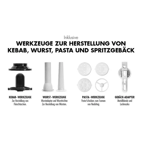 Schwarz-Weiß-Abbildung der Gastroback 40977 Küchenmaschine - silber von Gastroback, mit beschrifteten Döner- und Wurstaufsätzen, Nudelscheiben und einem Teigaufsatz, mit deutschem Text, der die Verwendung für Döner, Wurst, Nudeln und Backen hervorhebt.