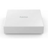Der Hama Smart-Home-Hub, ein rechteckiges weißes Gerät mit dem Markennamen Hama in Grau auf der Oberseite, ist für intelligente Häuser konzipiert und unterstützt das Zigbee-Protokoll. Er ist vor einem schlichten weißen Hintergrund abgebildet.