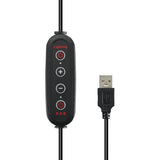 Eine schwarze Inline-Fernbedienung mit vier Tasten - Beleuchtung, Plus, Minus und RGB - ist an einem USB-A-Kabel befestigt. Sie ist ideal, um Ihr Hama LED-RGB-Ringleuchte SpotLight FoldUp RGB einzustellen und jedes RGB-Fotostudio-Setup zu verbessern.