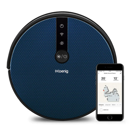 Der H.Koenig SWRC120 Staubsauger in Blau wird neben einem Smartphone gezeigt, das eine Reinigungskarte und Bedienelemente zeigt, und hebt seine Wi-Fi-Steuerung für eine komfortable Bedienung hervor.