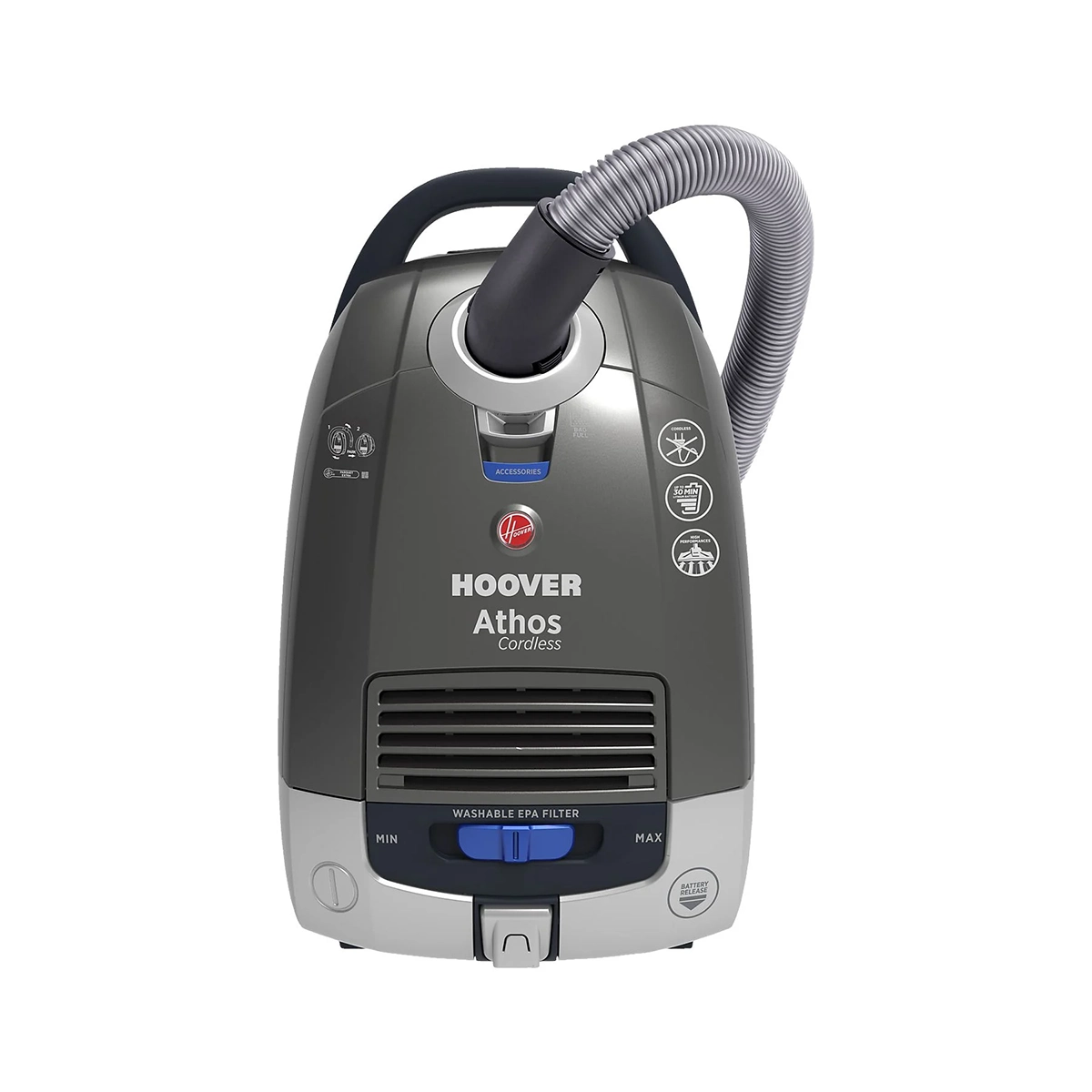 Der Hoover ATC 18 LI Kabelloser Bodenstaubsauger ist ein grauer kabelloser Staubsauger mit einem oberen Griff, einem angebrachten Schlauch, Bedienknöpfen an der Vorderseite, Filtereinstellungen und dem Hoover-Logo sowie "Athos Careless" und "18 V Lithium-Ionen-Akku".