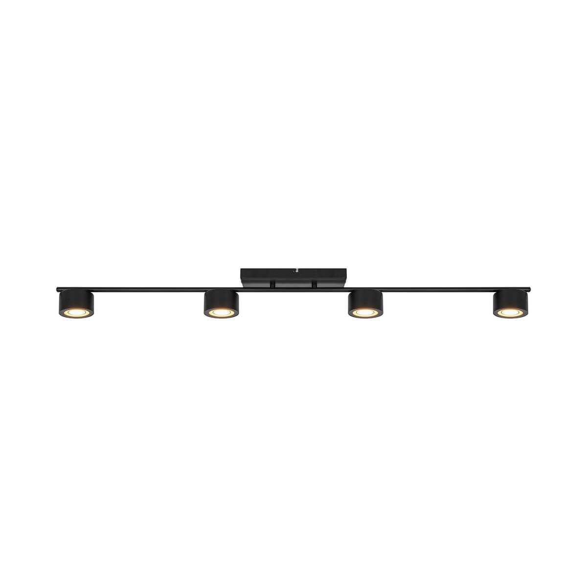 Die Nordlux Clyde Deckenleuchte - schwarz ist eine moderne Deckenleuchte mit vier zylindrischen LED-Strahlern und einem rechteckigen Sockel, die skandinavisches Design für eine stilvolle und funktionale Beleuchtung bietet.