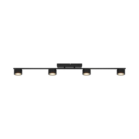 Die Nordlux Clyde Deckenleuchte - schwarz ist eine moderne Deckenleuchte mit vier zylindrischen LED-Strahlern und einem rechteckigen Sockel, die skandinavisches Design für eine stilvolle und funktionale Beleuchtung bietet.