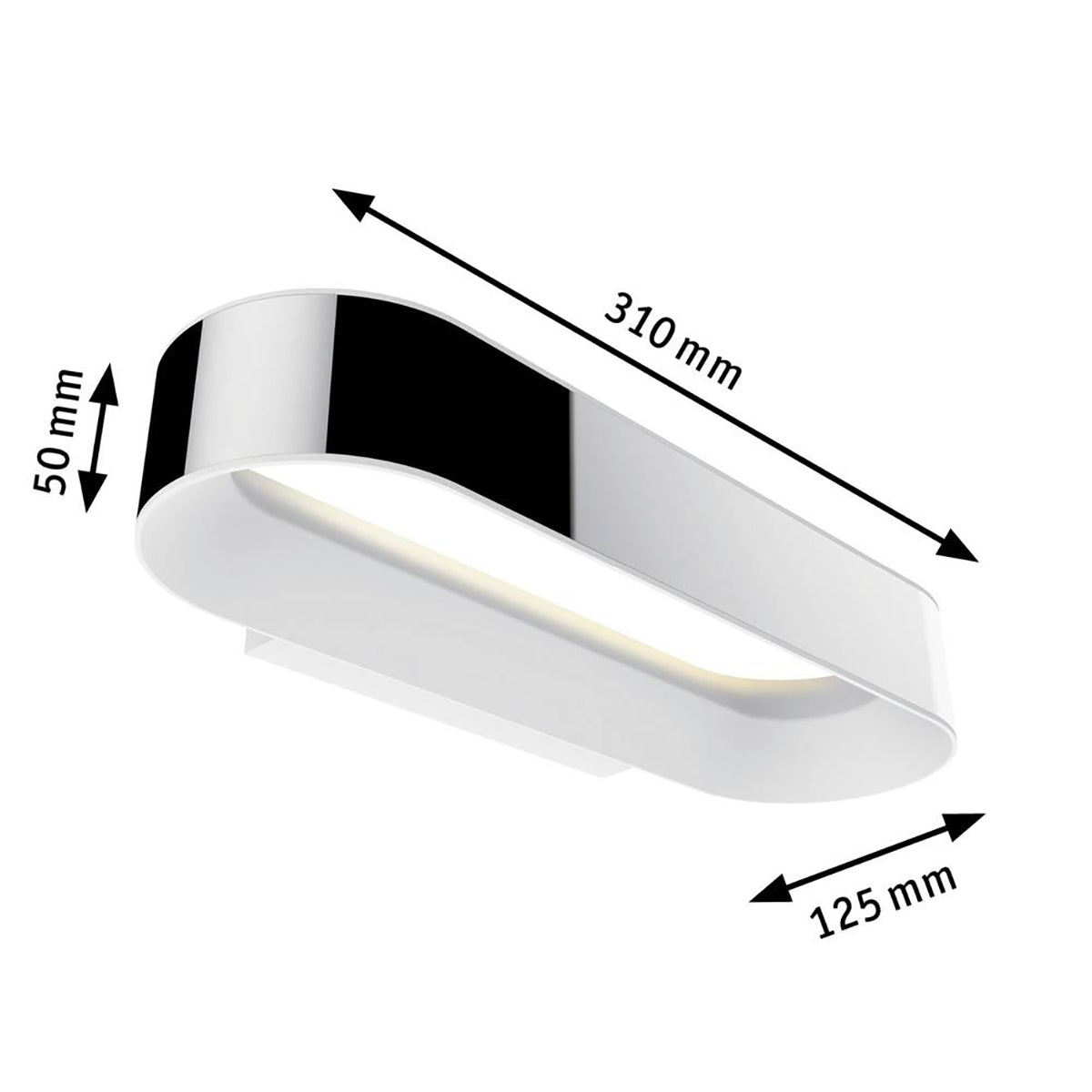 Die Paulmann Agena LED 20W Chromweiß matt dimmbar, eine stilvolle, ovale Wandleuchte von Paulmann, misst 310x125x50 mm und verfügt über die Schutzart IP44 - ideal für eine moderne Badezimmerleuchte.
