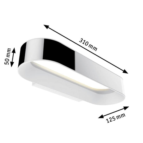 Die Paulmann Agena LED 20W Chromweiß matt dimmbar, eine stilvolle, ovale Wandleuchte von Paulmann, misst 310x125x50 mm und verfügt über die Schutzart IP44 - ideal für eine moderne Badezimmerleuchte.