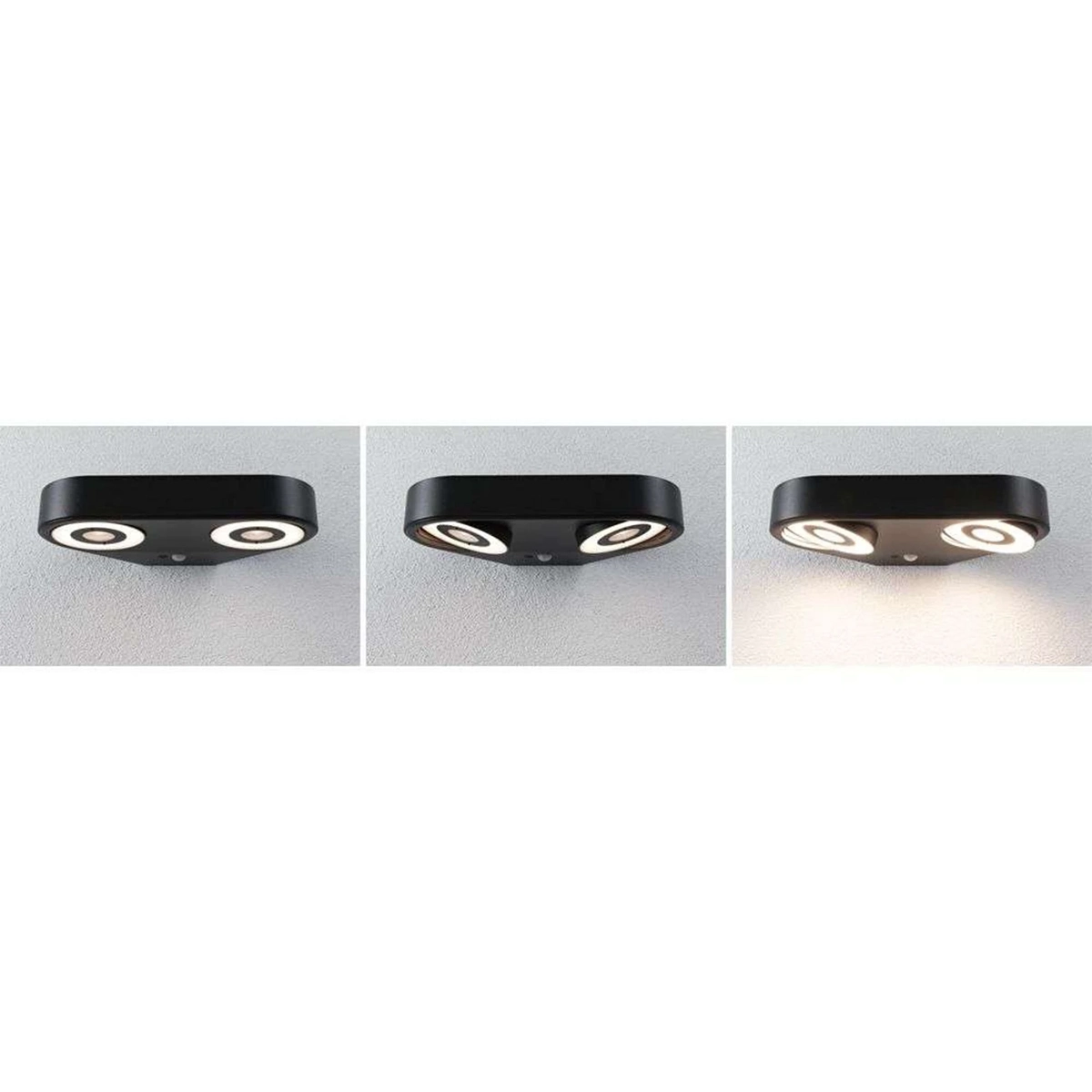 Die Paulmann Silma LED-Außenwandleuchte, eine schwarze, rechteckige Außenwandleuchte, lässt sich in drei Ansichten darstellen: ausgeschaltet, eingeschaltet mit beiden kreisförmigen LEDs und eingeschaltet mit einer nach unten gerichteten LED - für eine flexible und elegante Außenbeleuchtung.