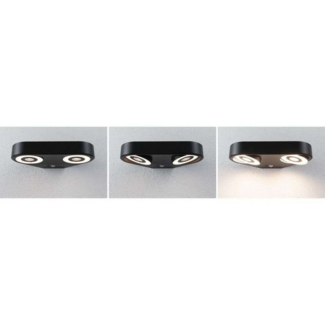 Die Paulmann Silma LED-Außenwandleuchte, eine schwarze, rechteckige Außenwandleuchte, lässt sich in drei Ansichten darstellen: ausgeschaltet, eingeschaltet mit beiden kreisförmigen LEDs und eingeschaltet mit einer nach unten gerichteten LED - für eine flexible und elegante Außenbeleuchtung.