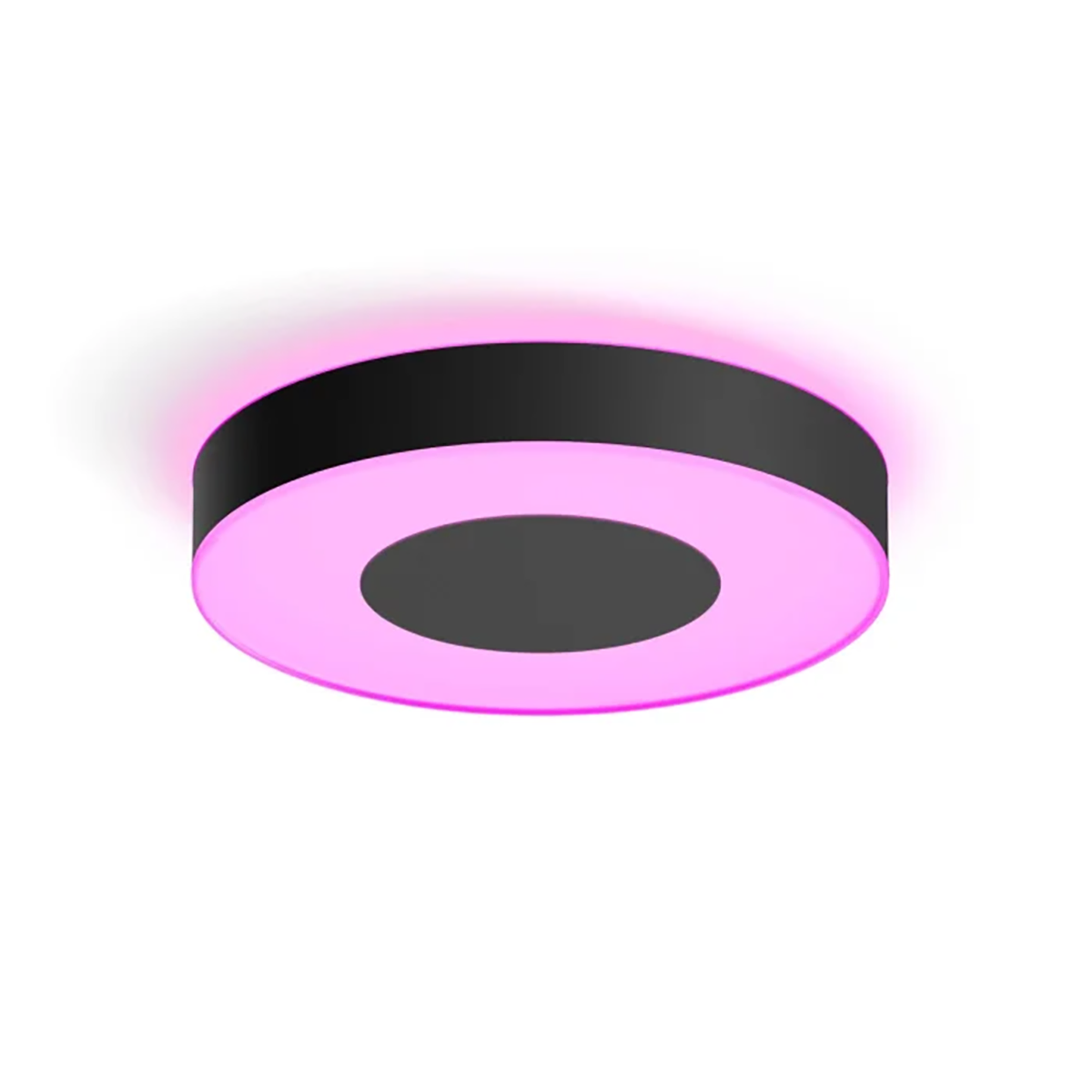 Die Philips Hue Infuse Deckenleuchte L - Schwarz von Philips verfügt über ein modernes, rundes Design mit einem schwarzen Rand und einer leuchtenden, rosafarbenen Mitte - ideal für die intelligente Lichtsteuerung in jedem modernen Raum.