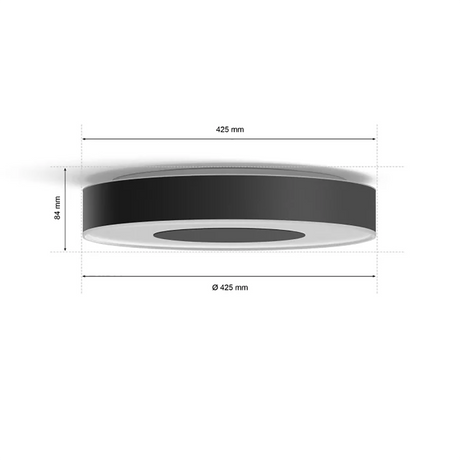 Die Philips Hue Infuse Deckenleuchte L - Schwarz von Philips hat einen Durchmesser von 425 mm und eine Höhe von 84 mm (siehe Abbildung) - perfekt für alle, die eine smarte Deckenleuchte und intelligente Lichtsteuerung wünschen.