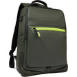 Der Piquadro C20W Business-Rucksack aus Leder in Olivgrün mit RFID-Schutz, neon-grüner Fronttasche, schwarzen Akzenten und Laptopfach - ideal fürs Büro. Marke: Piquadro. Abgebildet auf weißem Hintergrund.