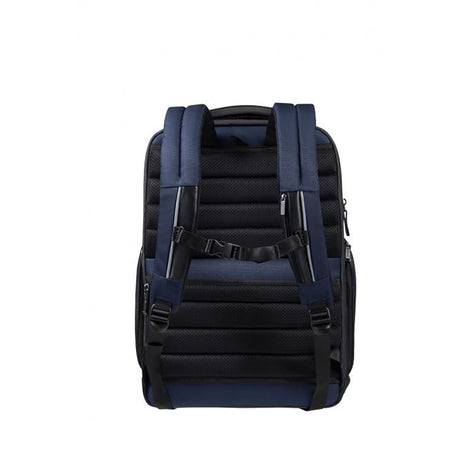 Ein Samsonite Spectrolite 3.0 Rucksack 17,3" in Deep Blue, dargestellt von hinten mit gepolsterten Schultergurten, einem gepolsterten Rückenteil, Brustgurt und sichtbaren Seitenreißverschlüssen. Der Hintergrund ist einfarbig weiß.