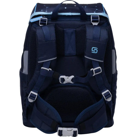 Der Schneiders Ergojet Set Space Dream Rucksack in Marineblau ist von hinten abgebildet und verfügt über gepolsterte Schultergurte, Brust- und Hüftgurte, ein Netzrückenteil und reflektierende Details.