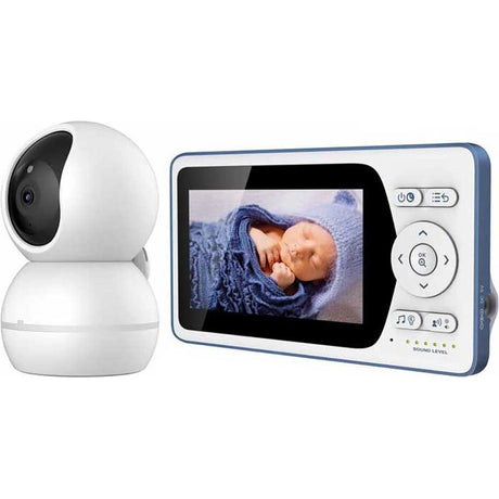 Das Telefunken VM-M700 Video-Babyphone mit 5"-HD-Display zeigt ein schlafendes Baby in blauer Decke und Mütze. Infrarot-Nachtsicht, Bedientasten und Lautstärkeanzeige sind neben dem Display sichtbar.