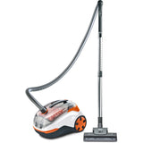 Der THOMAS Cycloon Hybrid Pet & Friends - orange ist ein moderner Kanistersauger mit transparentem Staubbehälter, HEPA-13-Filtersystem, großen Hinterrädern, langem flexiblem Schlauch, schwarzer Bodendüse und stylischen orangefarbenen Akzenten.