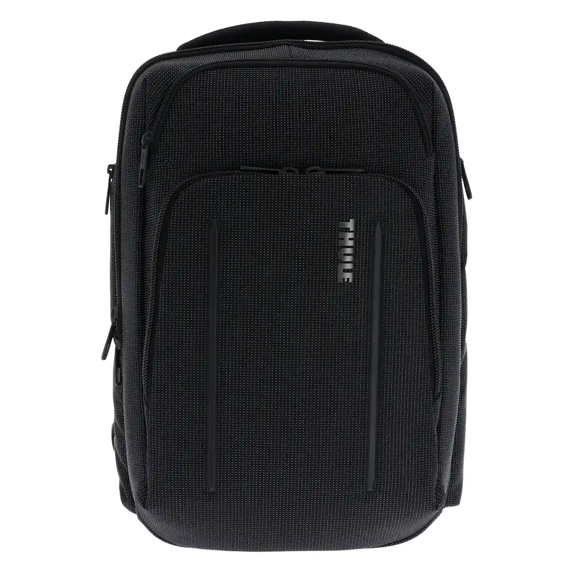 Der THULE Crossover 2 Backpack 30L Black von Thule, ein robuster Business-Rucksack mit SafeZone, verfügt über mehrere Reißverschlussfächer und ein strukturiertes Design, das sich aufrecht vor einem schlichten weißen Hintergrund abhebt.