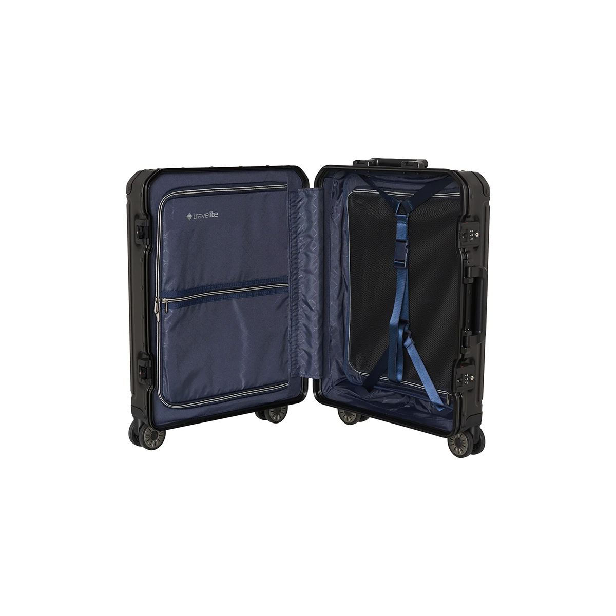 Der Travelite Next 4-Rollen-Trolley 55 cm (Schwarz, Aluminium) Bordgepäck verfügt über einen blauen Innenraum mit Reißverschlussfächern, verstellbare Kreuzgurte, vier Rollen, ein TSA-Schloss für Sicherheit und eine praktische Vordertasche - ideal für organisiertes Reisen.