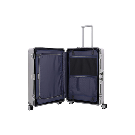 Der Travelite Next Aluminium Trolley L (4 Rollen, 100 Liter, Grau/Silber) von Travelite ist aufgeklappt dargestellt und zeigt sein marineblaues Innenleben mit mehreren Fächern, Reißverschlusstaschen, verstellbaren Gurten, vier Rollen und einem verlängerten Teleskopgriff.