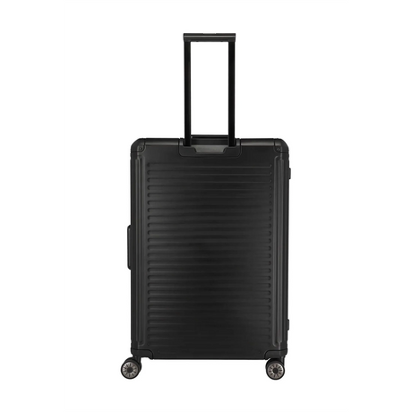 Der Travelite Next 4-Rollen-Trolley 67 cm in Schwarz (Aluminium) von Travelite verfügt über vier Rollen, einen verlängerten Griff und ein TSA-Zahlenschloss, abgebildet auf einem schlichten weißen Hintergrund.