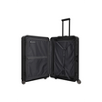 Der Travelite Next 4-Rollen-Trolley 67 cm (Schwarz, Aluminium) von Travelite steht aufrecht auf vier Rollen, mit Innenfächern, Gurten und einem TSA-Zahlenschloss im schwarzen Hartschalendesign.