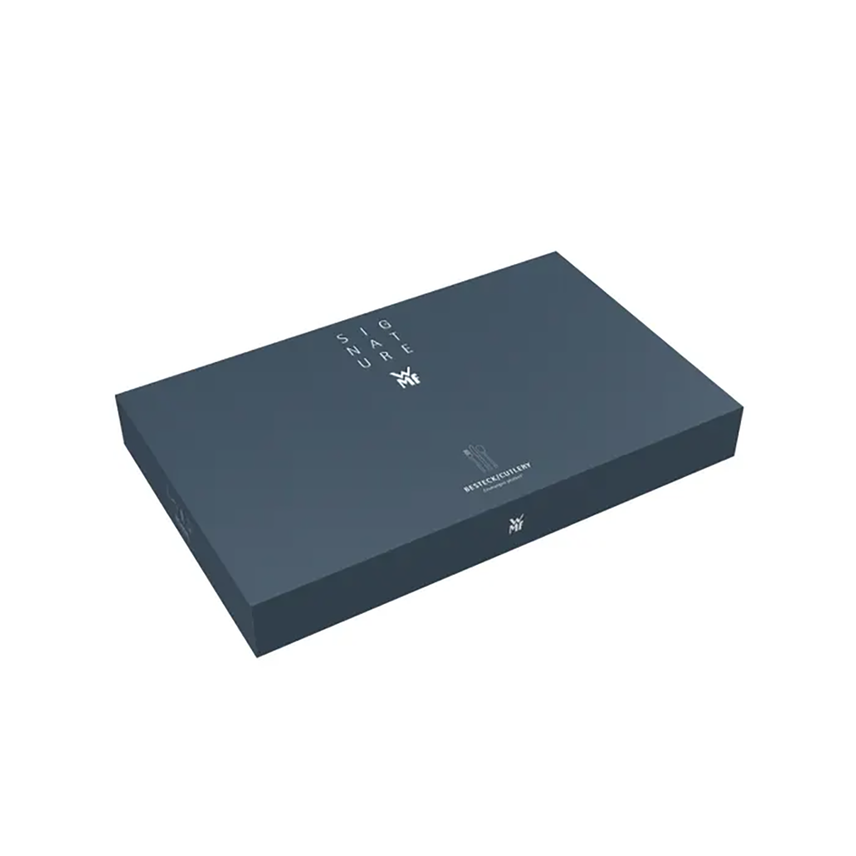 Eine schlichte, rechteckige, dunkelblaue Box mit "SIGNATURE" und weißem Logo auf dem Deckel präsentiert das WMF DECO Besteck-Set 30-tlg Edelstahl by WMF vor einem schlichten weißen Hintergrund.