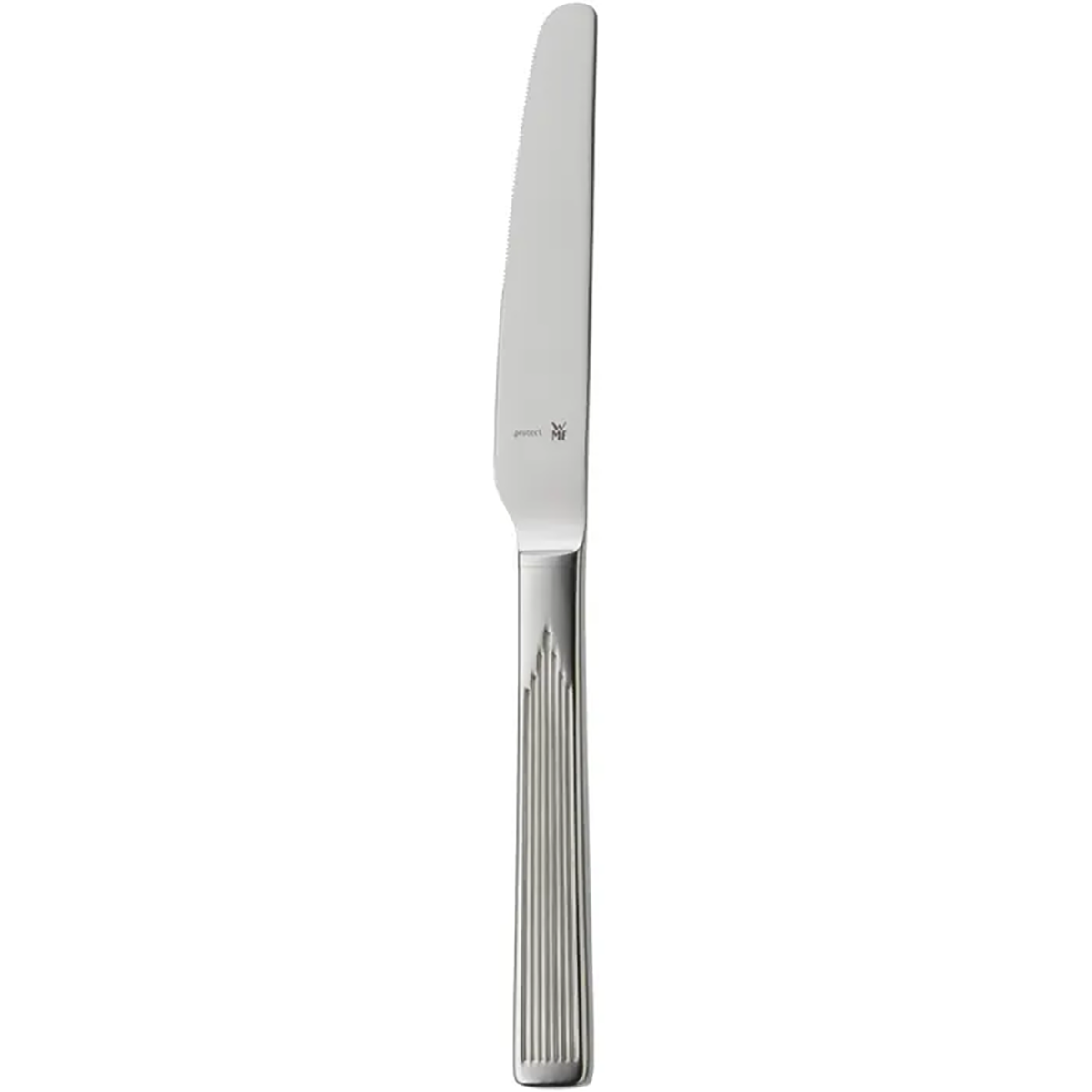 Ein WMF DECO Besteck-Set 30-tlg Edelstahl-Buttermesser mit abgerundeter Klinge und vertikal gerilltem Griff, abgebildet auf weißem Grund.