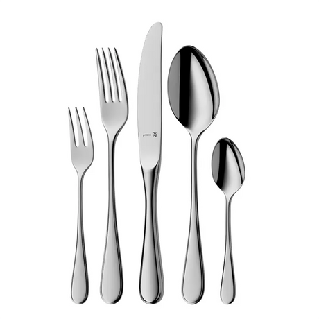 Fünf WMF Kent Besteckset 66-teilig aus Edelstahl - Dessertgabel, Tafelgabel, Tafelmesser, Esslöffel und Teelöffel - sind fein säuberlich nebeneinander auf einem weißen Hintergrund angeordnet.