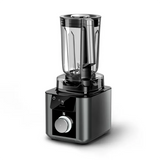 Der WMF Master Hochleistungsmixer - grau von WMF verfügt über einen stabilen Standfuß, ein digitales Display, einen Bedienknopf und einen transparenten Krug - ideal für Smoothies - isoliert auf weißem Hintergrund dargestellt.