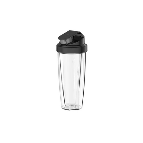 Abgebildet ist eine klare Kunststoff-Shakerflasche mit schwarzem Flip-Top-Deckel auf weißem Hintergrund - ein ideales Zubehör für Ihren WMF Master Hochleistungsmixer - grau von WMF, perfekt zum Mixen von Smoothies oder Eiweißshakes.