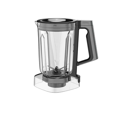 Ein transparenter Kunststoff-Mixbehälter für den WMF Master Hochleistungsmixer - grau von WMF, mit Messmarkierungen, schwarzem Griff, grauem Deckel und Edelstahlklingen - ideal für Smoothies. Abgebildet auf weißem Hintergrund.